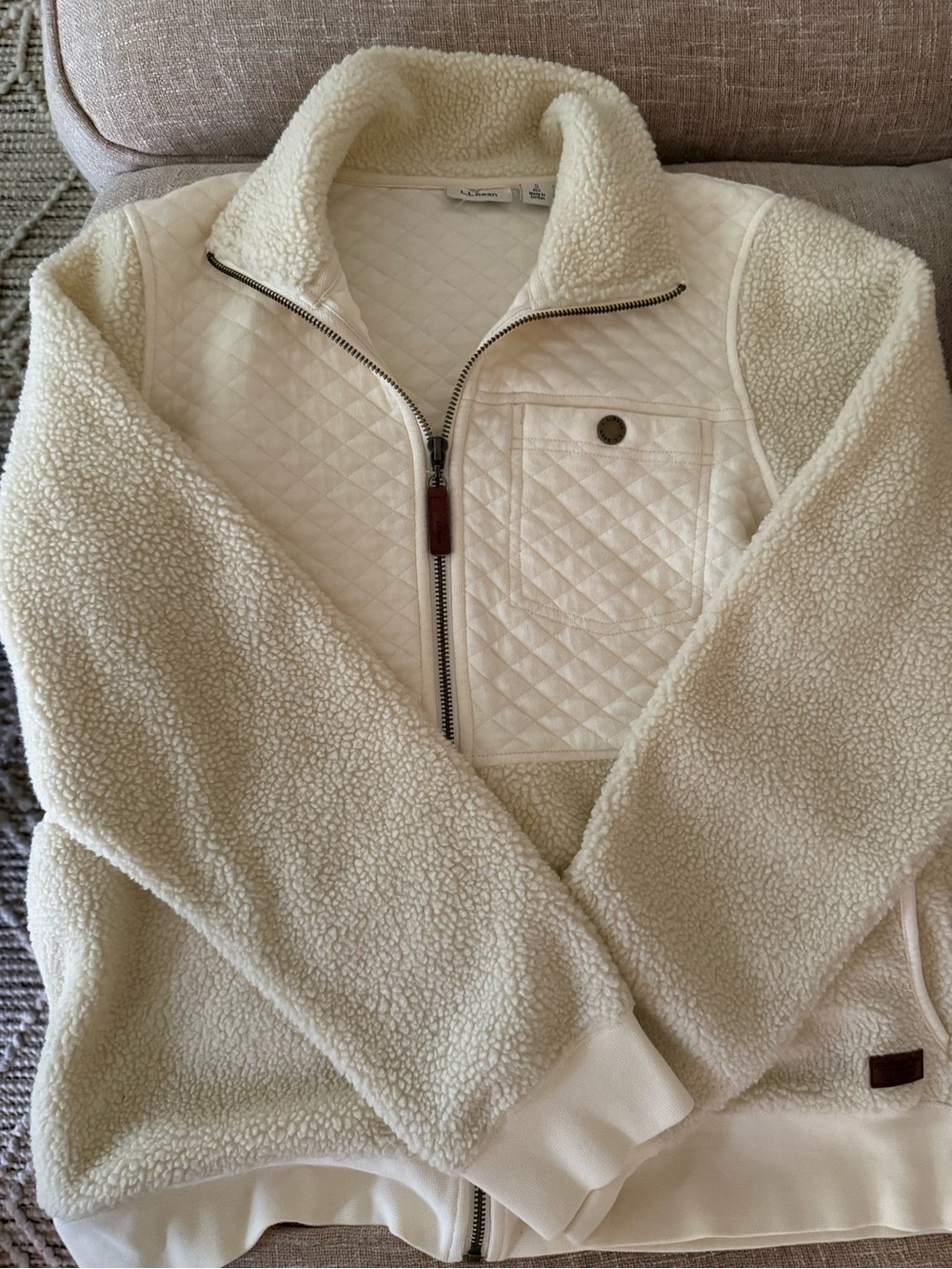 L.L. Bean Cream Quilted-Sherpa Zip Pullover Jacket